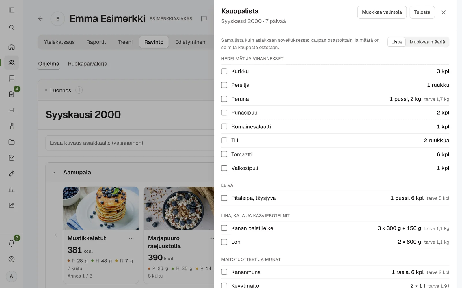 Kauppalista viikon ravinto-ohjelmasta kaupan osastoittain ja pakkauskokoina