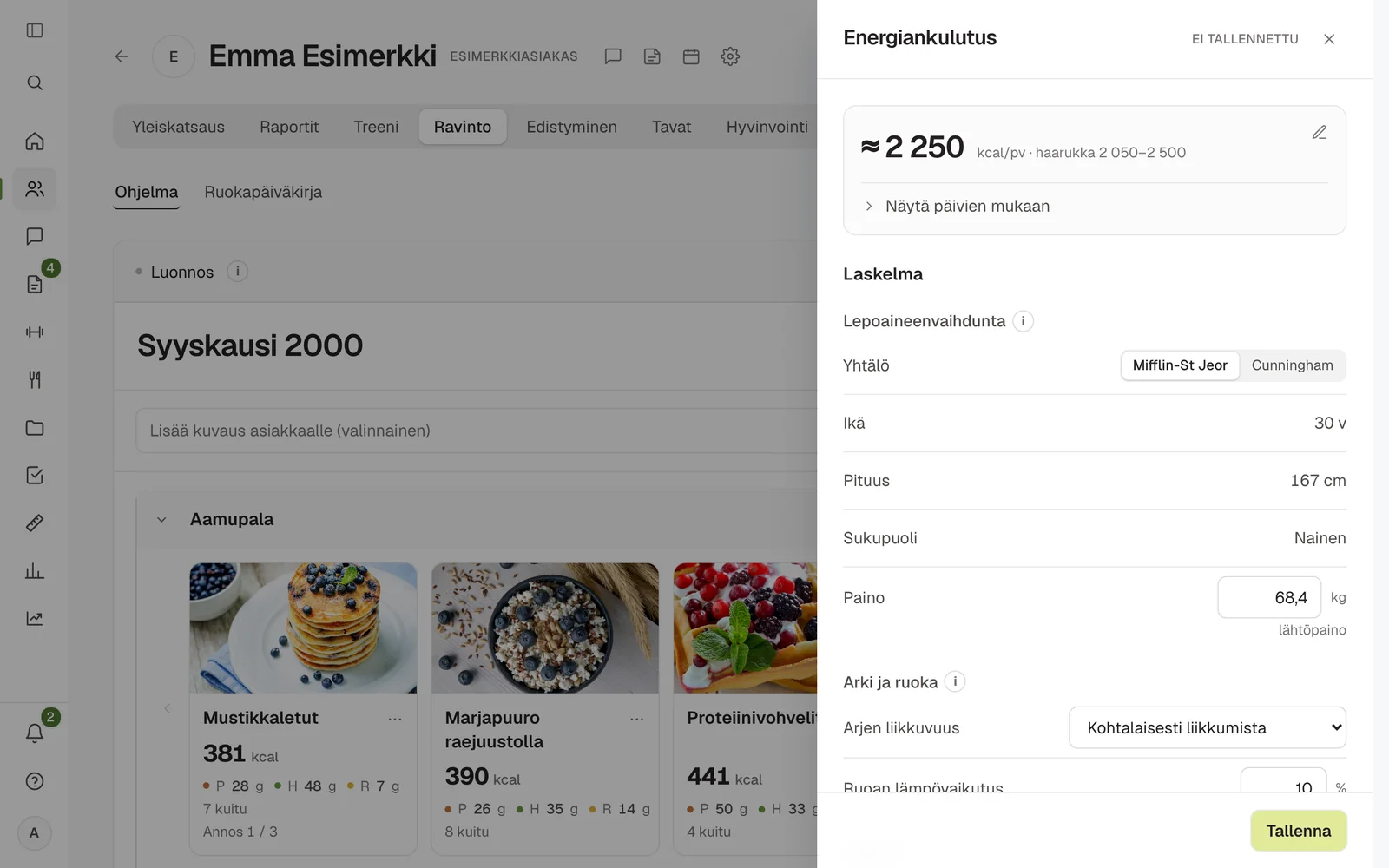 Energiankulutuksen laskuri: arvio 2 250 kcal päivässä, lepoaineenvaihdunta, arjen liikkuvuus ja treenit